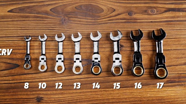 PRIDE&CRAFT 8 Piece Flex Head Stubby Ratcheting Combination Wrench Set, Metric 8-17mm, 90-Teeth, CRV, Nickel Plating with Rolling Pouch