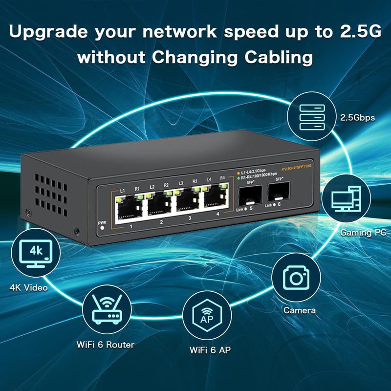 2.5G Unmanaged Ethernet Switch with 4 x 2.5G Base-T Ports and 2 x 10G SFP Uplink Port, Compatible with 100/1000/2500Mbps, Fanlesss Design, Plug & Play, Metal 2.5Gb Network Switch Da-K6402W