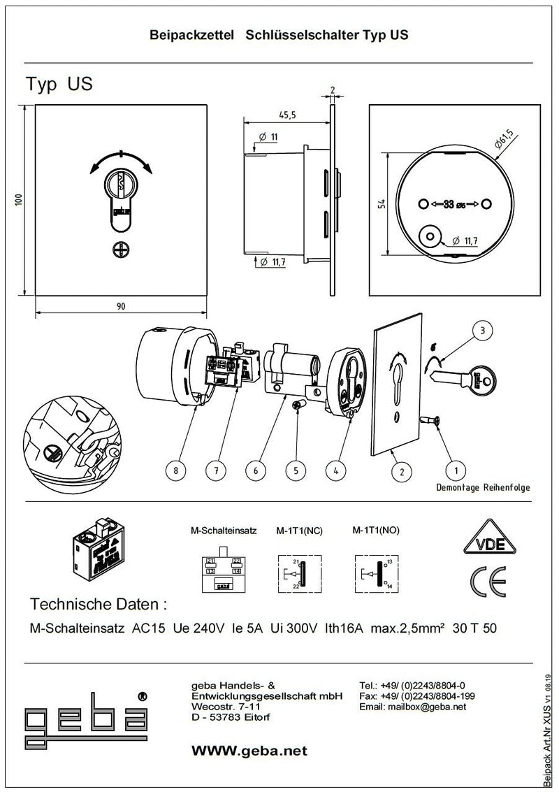 Key Button Flush-Mounted geba 2-Sided Touch Button US 1-2T/1 121.1301.1A, incl. DIN Profile Half Cylinder and 3 Keys Burglary Resistant (European Patented System), Grey/Anodized Aluminum