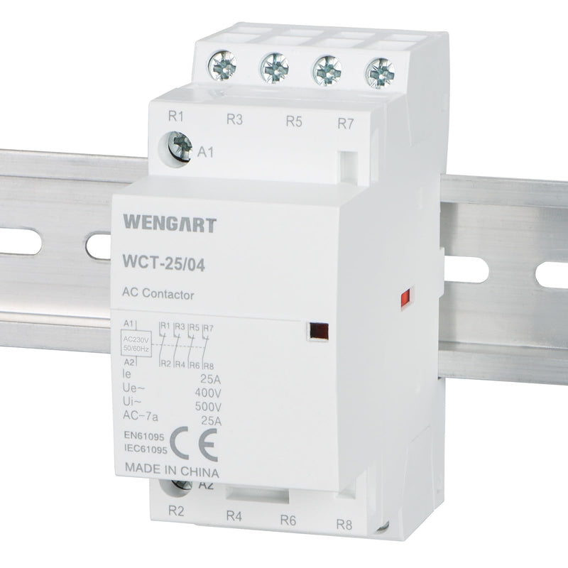 Wengart Humm-Free Installation Contactor 25A AC 230V - 4NC (4 Openers) - Silent Contactor for Load Drop & Night Storage Heating - 36 mm Width (2 TE) - DIN Rail Mounting - WCT-25