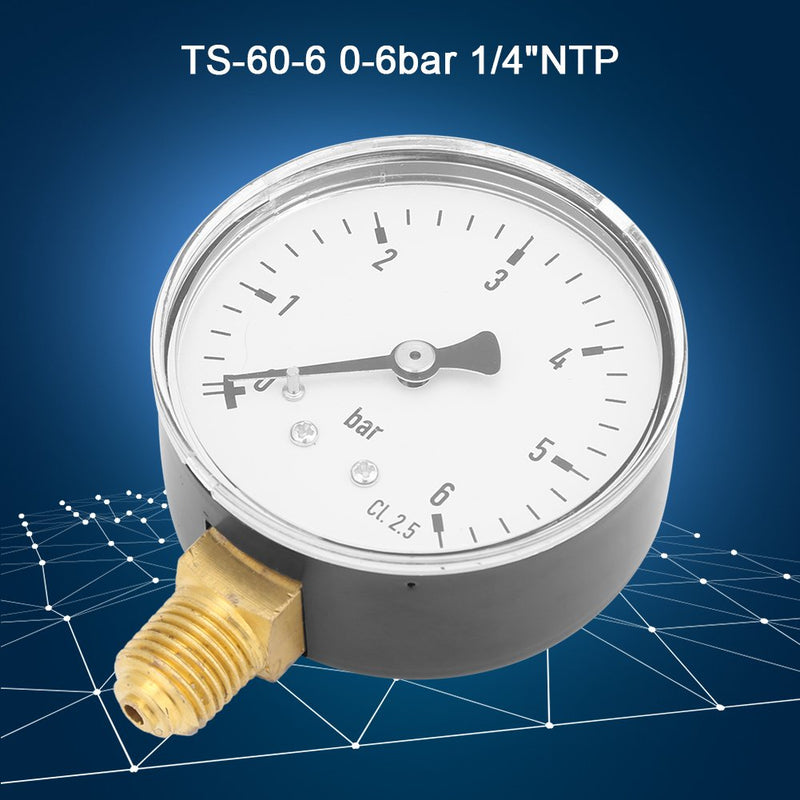 Mini pressure gauge for air, oil or water, 60mm pressure display with 1/4 inch NPT thread connection, 0-6 bar display range