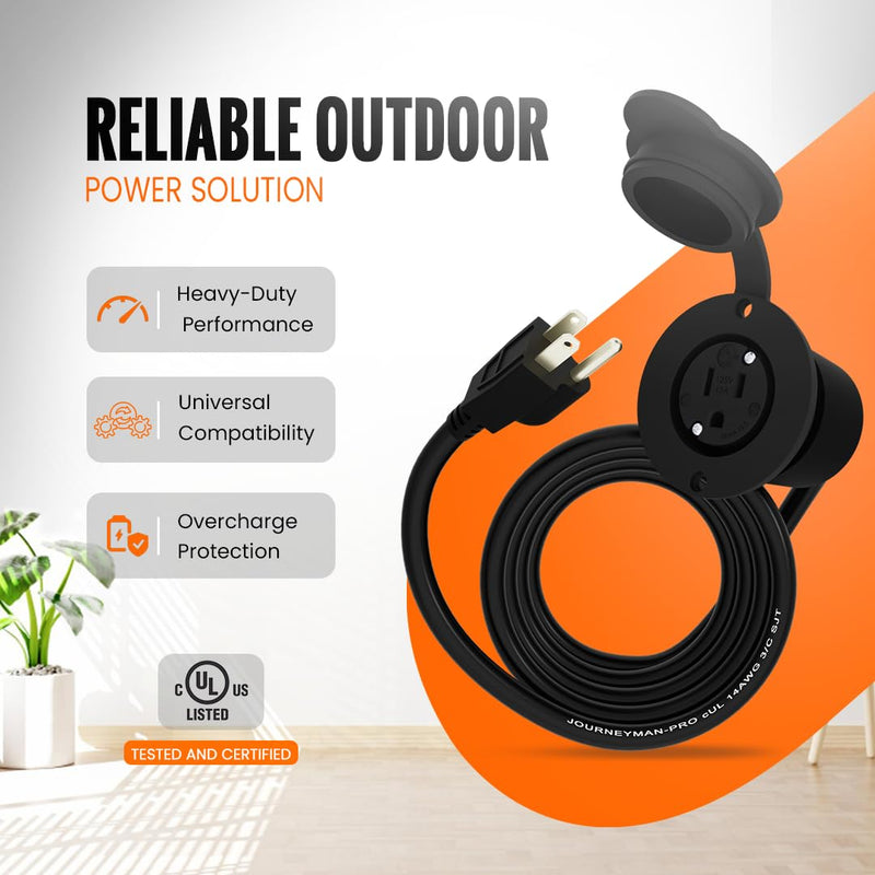 10 Foot 15A Weatherproof Outdoor Power Outlet by Journeyman-Pro 15 Amp 110/120 Volt 5-15R Receptacle Kit with Integrated (10' FT) 120" Extension Cord + Waterproof Rubber Cover (Black) BLACK
