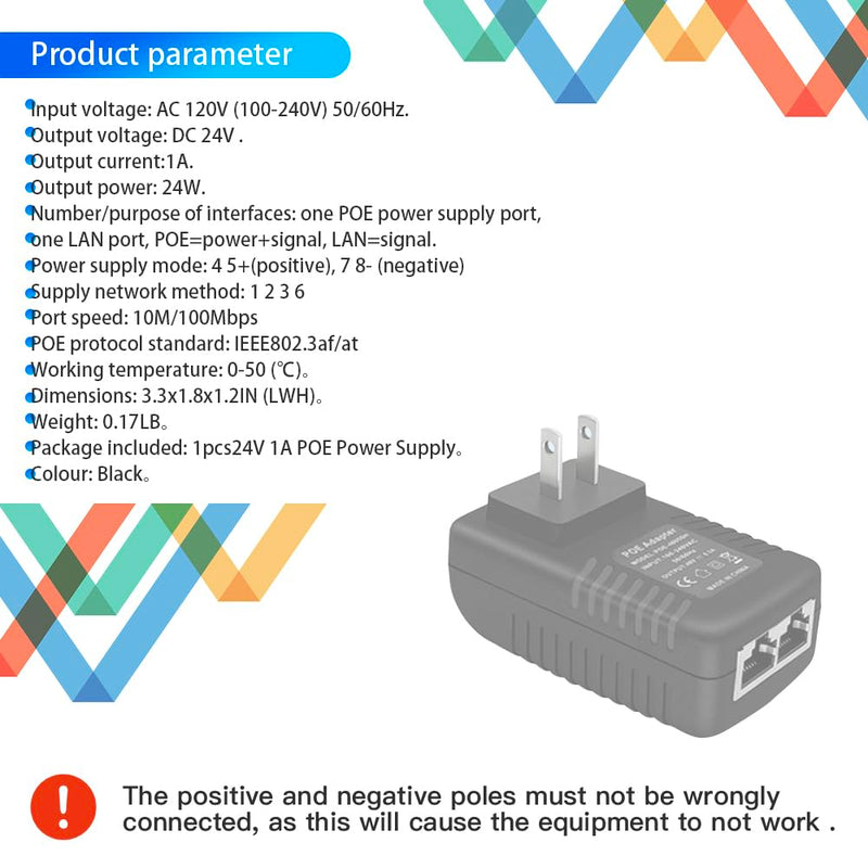 POE Injector 24V 1A 24W with Wall Plug IEEE 802.3af Compliant 10/100Mbps, 2 Ports Passive Power Up to 100 Meters (325 Feet) Over Ethernet Power Supply for IP Cameras Mobile WLAN AP