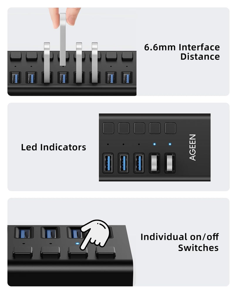 AGEEN 16-Port USB 3.2 Gen 2 Hub, 10Gbps High-Speed Aluminum Powered Hub with 96W Adapter, Individual Switches & Surge Protection for PC/Laptop, Flash Drive, Printer, Camera