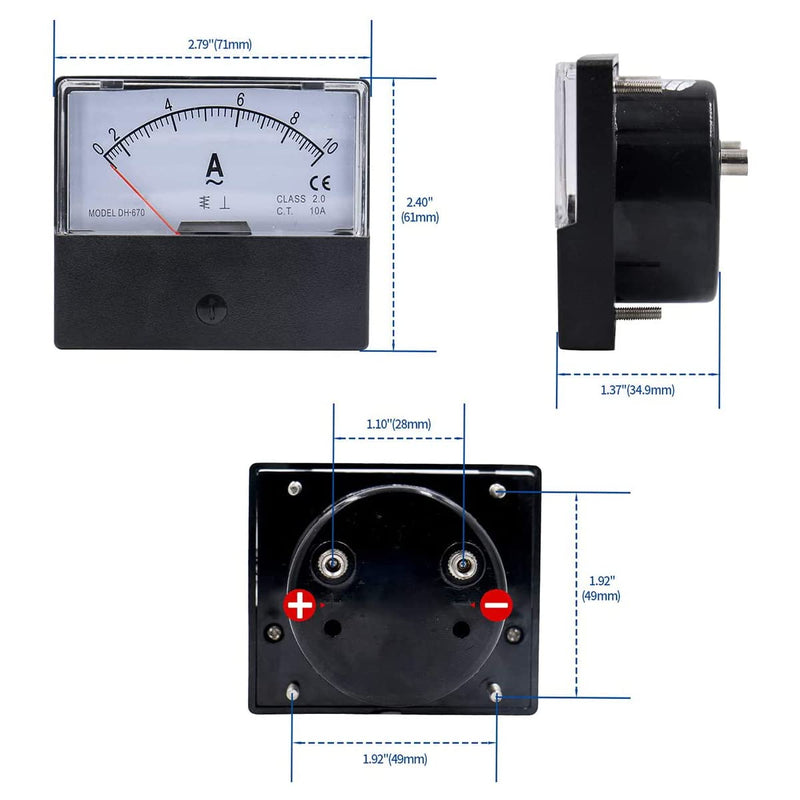 Baomain Ammeter DH-670 AC 0-10A Rectangular Ampere Needle Panel Meter Gauge Amperemeter