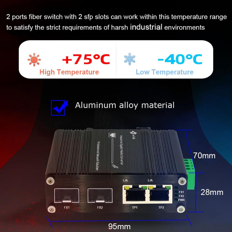 Mini Industrial Gigabit Media Converter - Din Rail Mount Hardened 10/100/1000Mbps Ethernet to SFP Fiber Converter Switch With 2 RJ45 and 2 SFP Ports 2RJ45+2SFP Switch