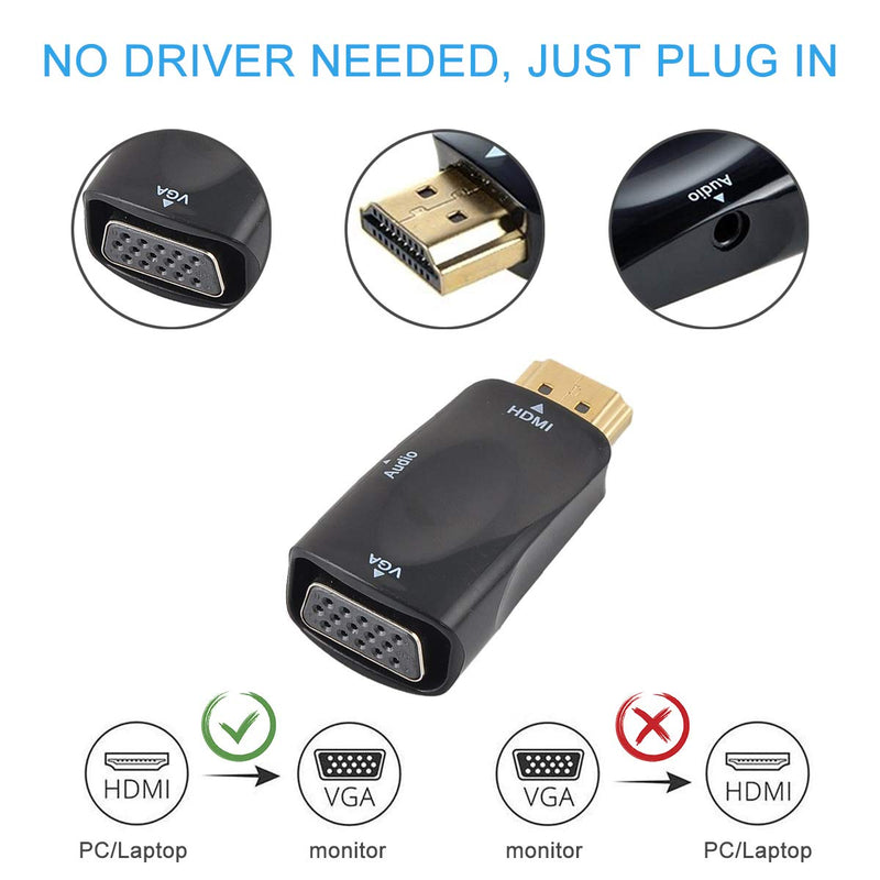 HDMI to VGA Adapter Converter with 3.5mm Audio Jack Cable,4K HDMI to VGA Converter Male to Female Gold-Plated Connector for Laptop,PC, Desktop,Monitor, Projector,HDTV,DVD Black