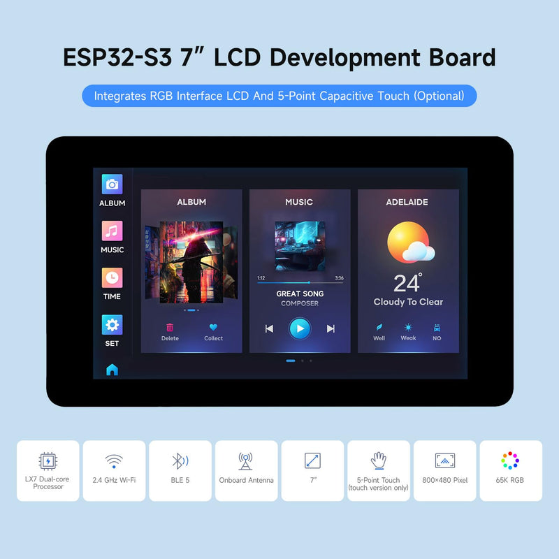 Waveshare ESP32-S3 7 Inch Touchscreen Development Board, ESP32 with Display | 32-Bit LX7 Dual-Core Processor, 800x480, Up To 240MHz Frequency, Supports WiFi & BT, With Onboard Antenna