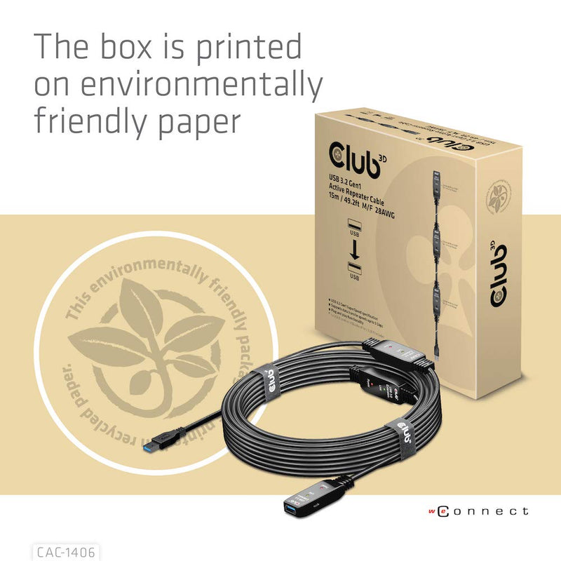 Club 3D CAC-1406 USB 3.2 Gen1 Active Repeater Cable 15m / 49.2ft M/F 28AWG