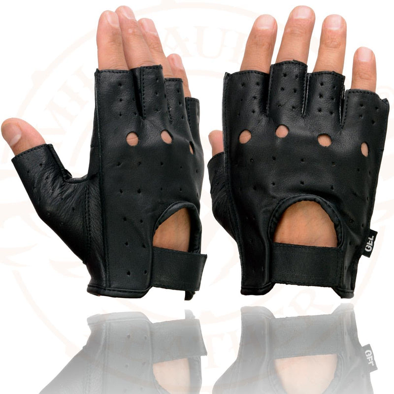 Milwaukee Leather SH195 Men's Black Leather Perforated Gel Padded Palm Fingerless Motorcycle Hand Gloves W/ ‘Open Knuckle’ Large