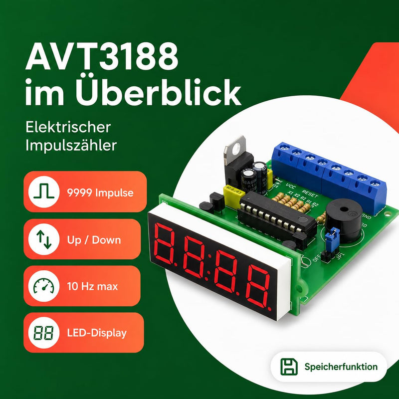 AVT3188 Pulse Counter Kit LED 4 Digit 9999 DIY Kit | DIY pulse counter with 4-digit LED display, up down counting, memory function, beep and 10Hz counting frequency