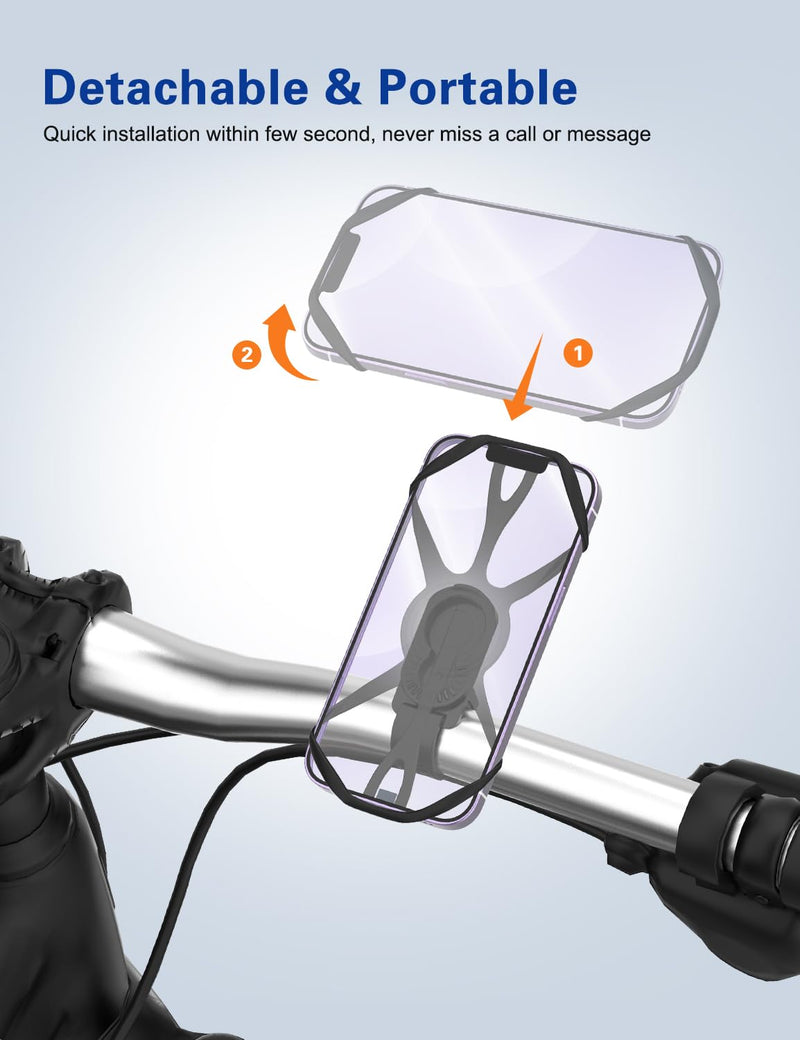 Bike Phone Holder, Motorcycle Phone Mount Cell Phone Mount- 360° Rotatable, Silicone Bicycle Phone Mount for Motorcycle Bicycle Scooter, for 15 Pro Max / 14/13, S10 and More 4.7-6.8" Phone Black