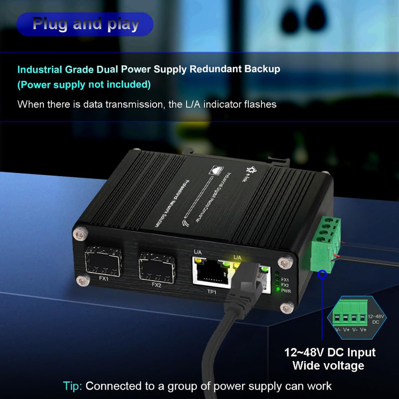 Mini Industrial Gigabit Media Converter - Din Rail Mount Hardened 10/100/1000Mbps Ethernet to SFP Fiber Converter Switch With 2 RJ45 and 2 SFP Ports 2RJ45+2SFP Switch