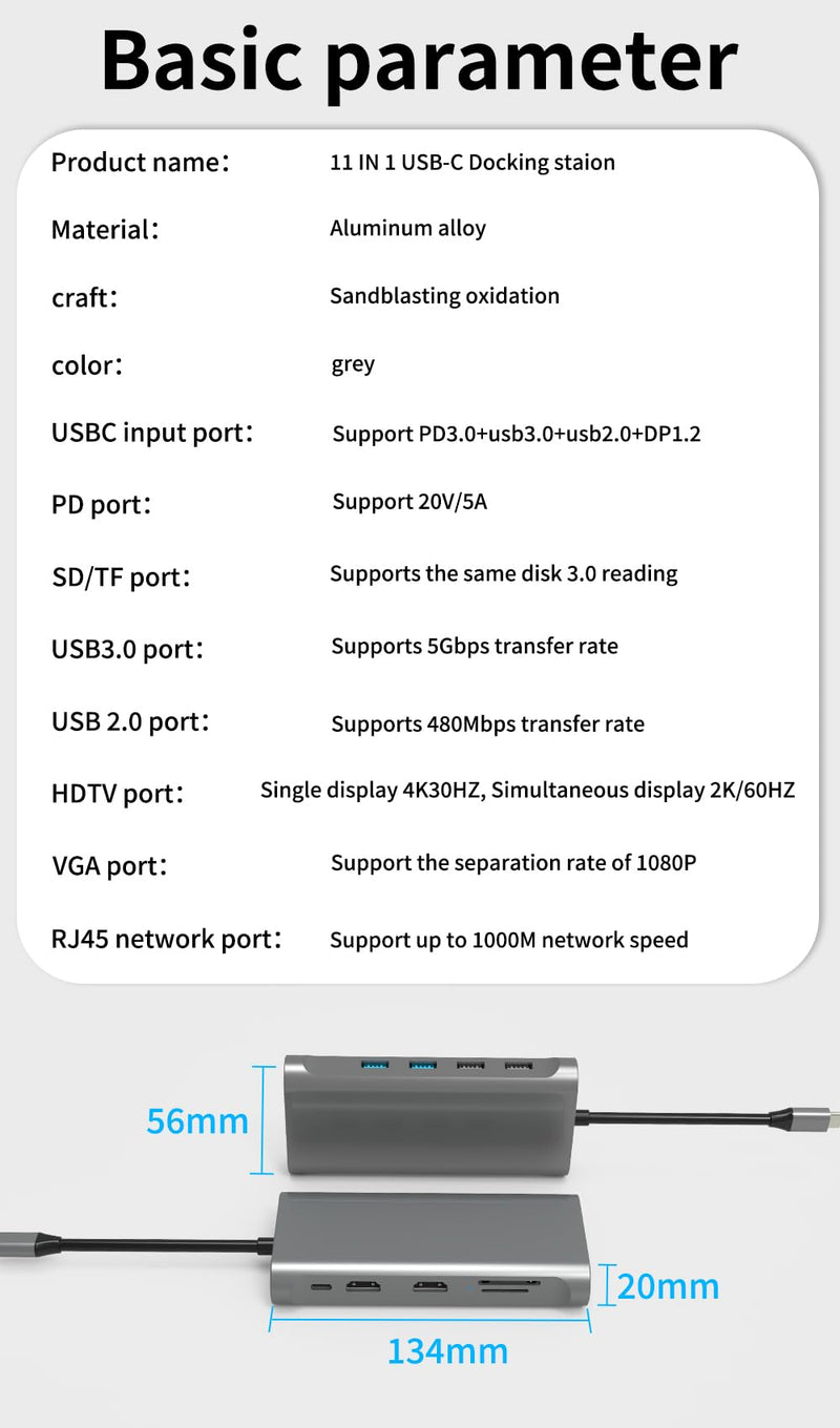 USB C Hub 11 in 1 Docking Station with HDMI, SD/TF, USB 2.0, USB 3.0,VGA, RJ45 Ethernet Ports,100W PD, Triple Display or Dual Monitor with 2 HDMI +VGA,for Dell HP Lenovo Surface MacBook Laptop