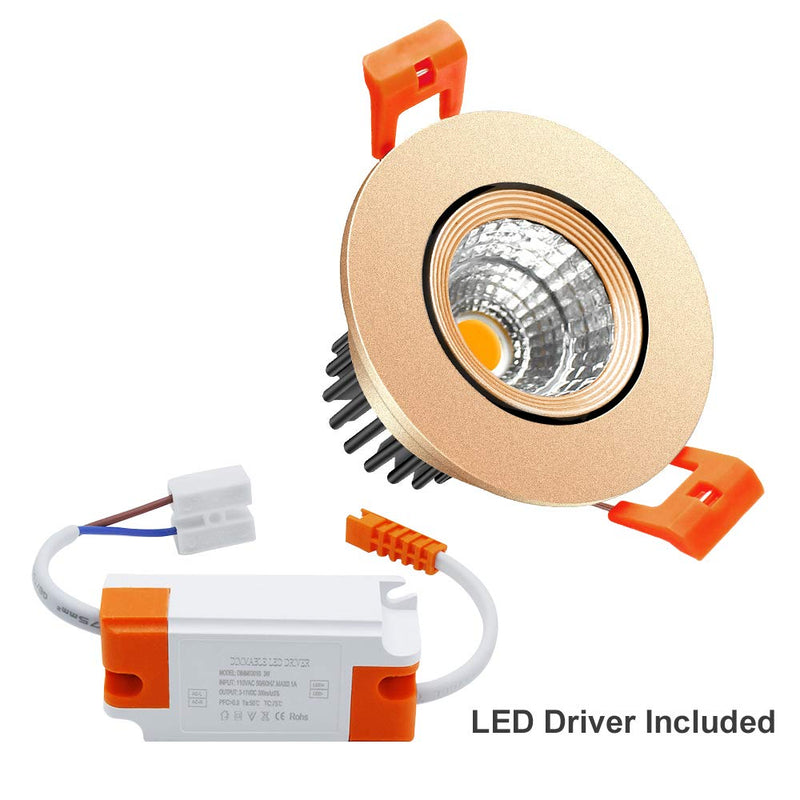 LightingWill 2inch LED Dimmable Downlight, 3W COB Recessed Ceiling Light, Warm White 3000K-3500K, CRI80, 25W Halogen Bulbs Equivalent, Gold (4Pack) Gold Trim - 4Pack