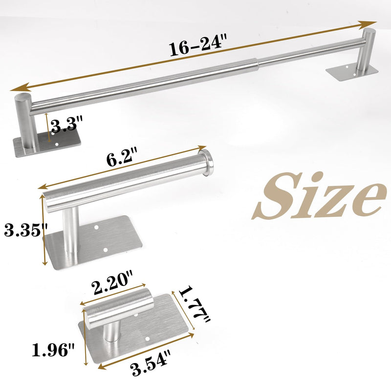 5 Pcs Self Adhesive Bathroom Hardware Set, Stainless Steel Towel Rack Set Include Adjustable 24In Bath Towel Bar+Toilet Paper Holder+3 Towel/Robe Hooks Bathroom Accessory Kit(Brushed Nickel) Brushed Nickel 24 In-5 Pcs
