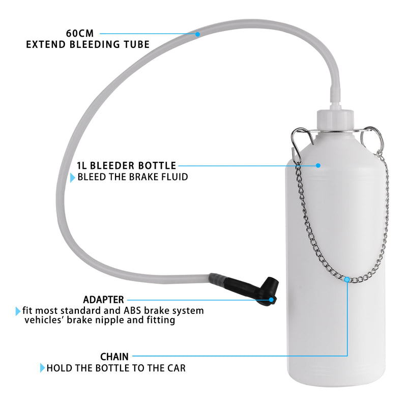 1L Brake Bleeder Bottle, Automotive Fluid Pressure Bleeder with Rubber Connector & 24in Tube, Perfect for Cars, Motorcycles, and ATVs, Works with All Brake Systems