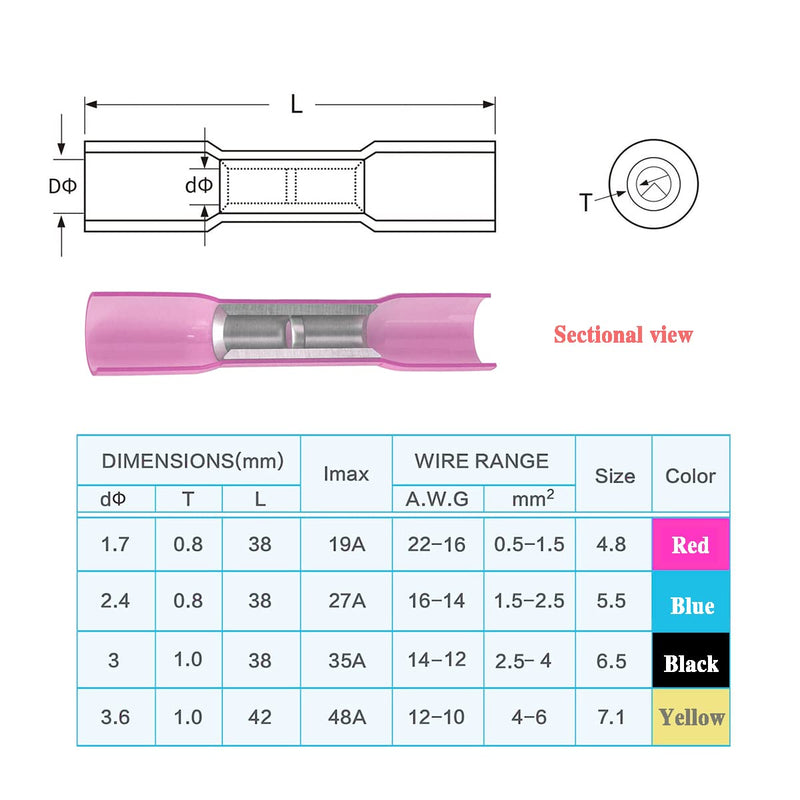 Pack of 150 cable connector set, butt connector with heat shrink tube, waterproof, butt connector for cable, wire, car crimp connector, crimp connector (22-16AWG) red)