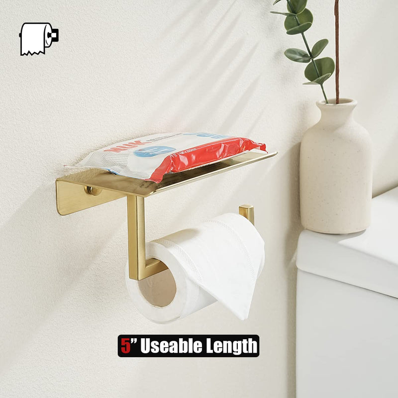 JQK Toilet Paper Holder Shelf, Bathroom Tissue Roll Holder with Phone Shelf, 5 Inch 304 Stainless Steel Tissue Paper Dispenser, Brushed Gold Finished Wall Mount, TPH202-BG