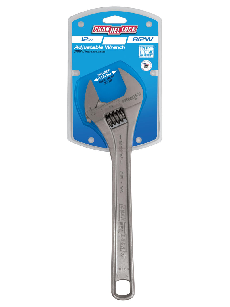 Channellock Adjustable Wrench 812W - Wide Jaw, Precise Grip, Measurement Scales - 12 in Chrome/Nickel