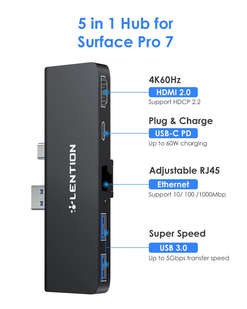 LENTION Surface Pro 7 USB C Hub Docking Station,5-in-1 Surface Pro 7 Hub,4K@60Hz USB-C to HDMI Hub,USB C to Gigabit Ethernet Hub,2 USB 3.0 Hub,PD 60W Type C Charging Port Hub(CS35,Black) CS35-MAB