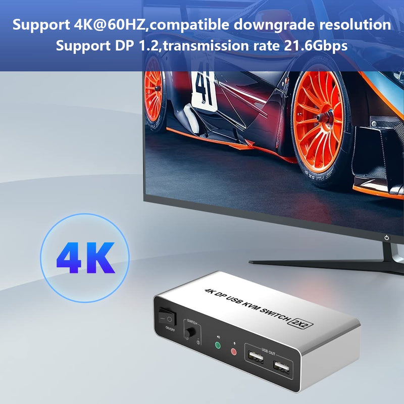 DisplayPort KVM Switch Dual Monitors for 2 Computers 4K@60Hz 2 in 2 Out Displayport KVM Switch with Audio Microphone Output and 3 USB Ports, Keyboard Mouse Displayport Dual Monitor KVM