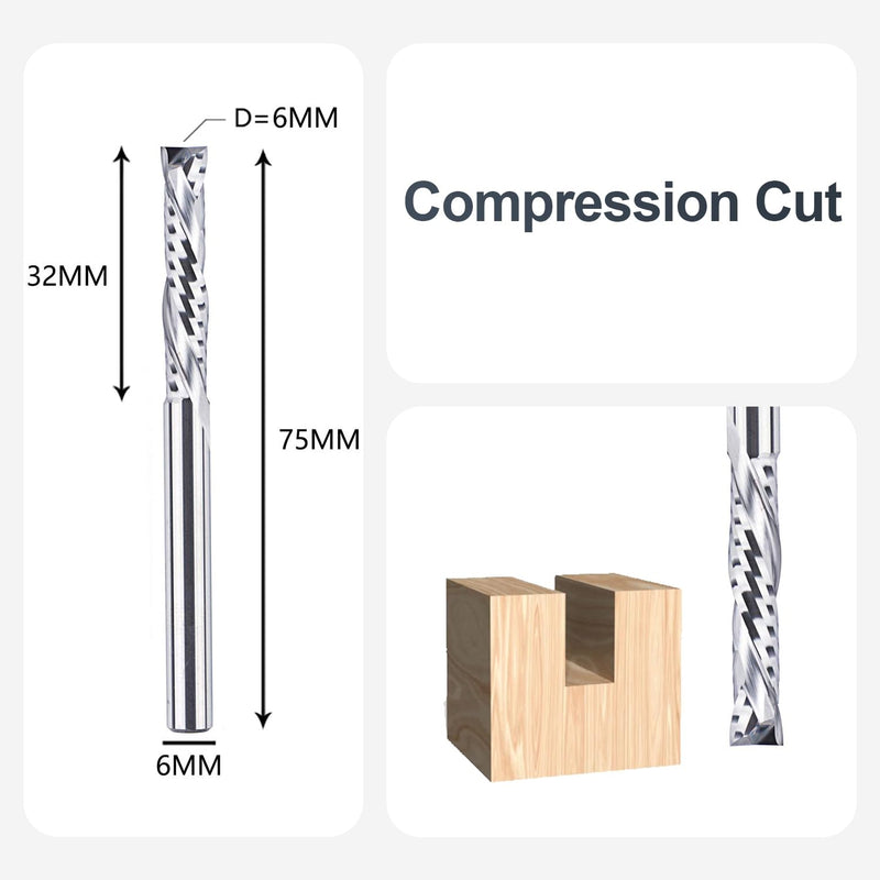 SpeTool Spiral Groove Cutter 6 mm Shank Compression 32 mm Cutting Length Extra Long Spiral Cutter Groove Cutter Up & Down Solid Carbide End Mill Router Bit Slotted Hole Cutter Wood Cutter for Router CNC Cutter Wood Cutter 1
