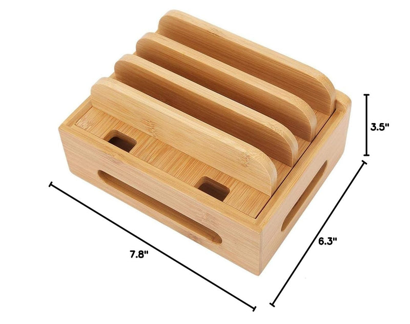 Oumefar Bamboo Multi-Device Stand Holder Charging Station Phone Tablet Charger Organizer 4 in 1 Charging Station for Multiple Devices for Meeting Rooms Restaurants Hotels and Homes