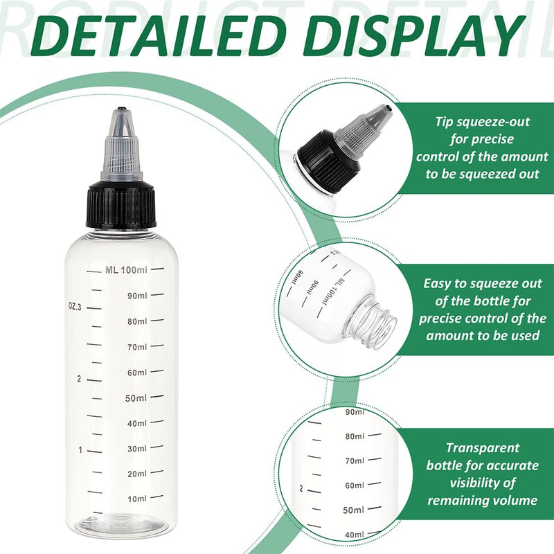 BENECREAT 10PCS 100ml/3.38 oz Transparent Plastic Squeeze Bottles with Scale and Black Twist Cap Graduated Squeeze Dispensing Bottles for Ink Liquid, Oils, Gels, Glue (Pack of 2) 3.38 oz (Pack of 2)