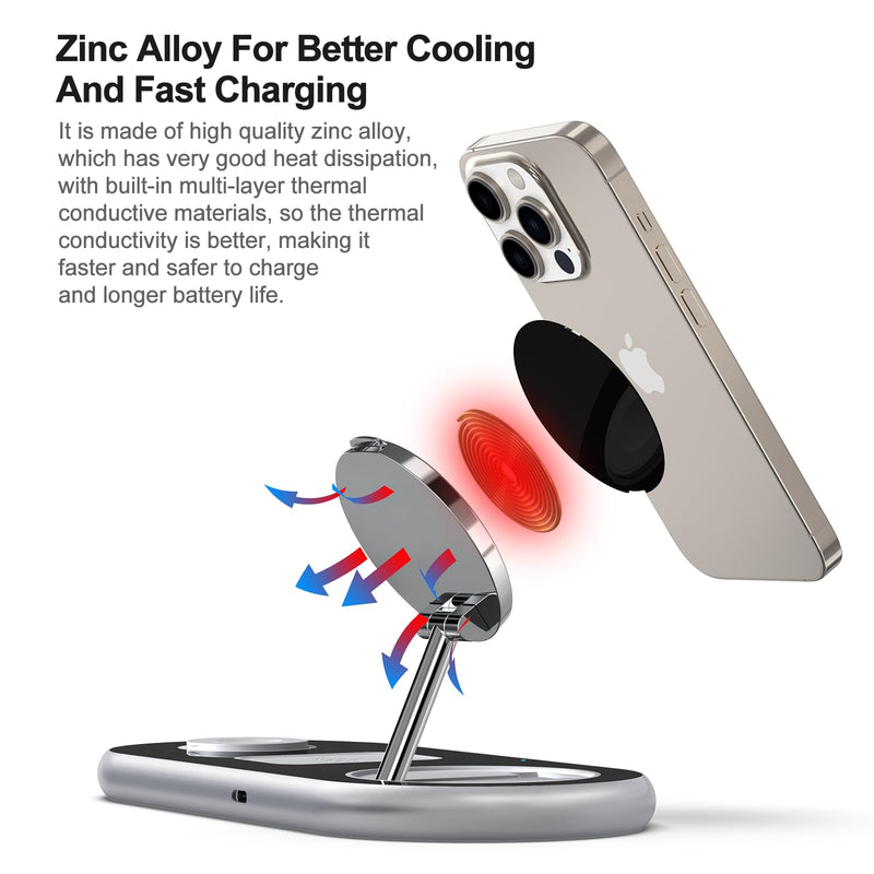 3 in 1 Charging Station for Apple Devices, Faster Mag-Safe Charger Stand, Magnetic Wireless Charger Station for iPhone 15 14 13 12 Pro Max Plus, Apple Watch iwacth & AirPods, Adjustable Angle Crystal Silver