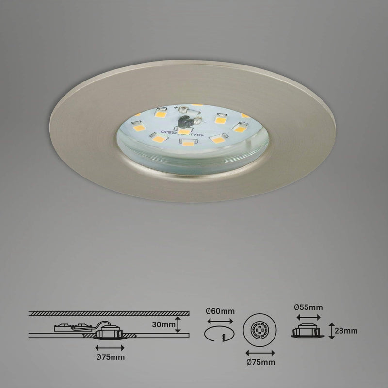 Briloner LED, Small mounting Depth, 230V, Set of 3, Ceiling Light, Downlight, Bathroom recessed lamp, Integrated, 5 W, Satin Nickel Matt-nickel