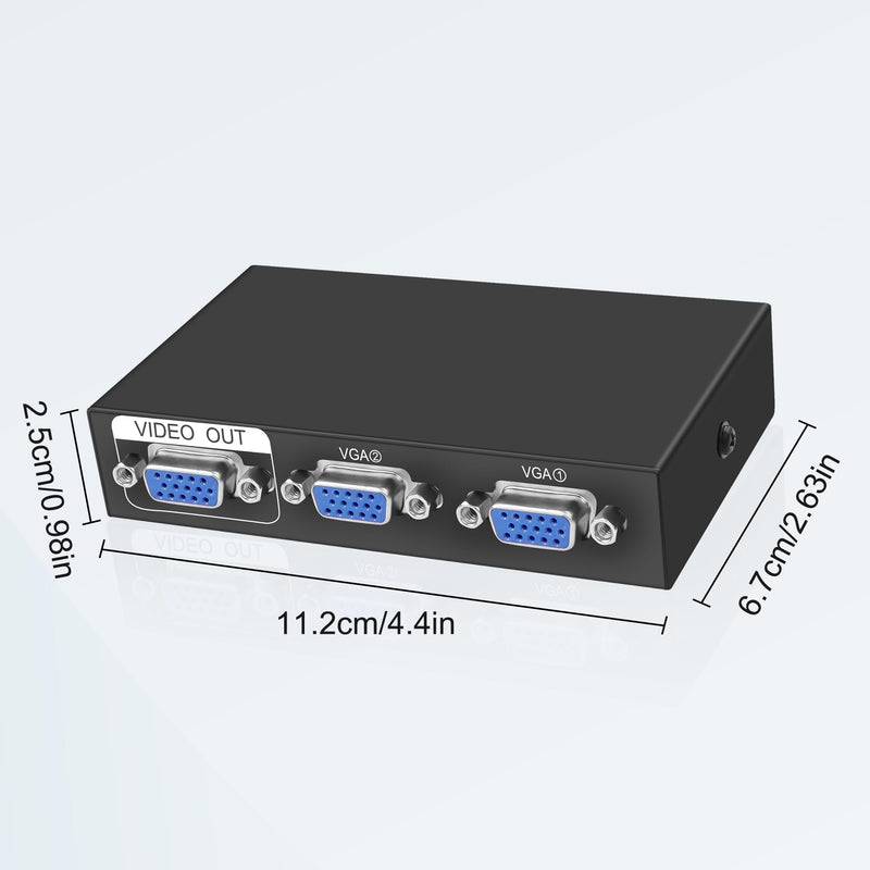 XMSJSIY VGA Switch Box 2 in 1 Out VGA Audio Video Switcher Splitter Dual Monitor 1080P 2 Port VGA Video Sharing Selector Adapter Support VGA, XVGA, SVGA, UXGA VGA Monitor Switch for PC, Projector, TV