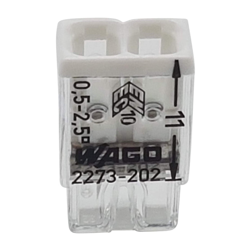 Wago 2273-202 Compact Connection Box Terminals, Diameter 0.5–2.5 mm, Pack of 30, 2-Pole, Transparent/White | Push-in terminal for solid conductors up to 24 A, Transparent/White, 450 V rated voltage, 30-piece set for electrical installations