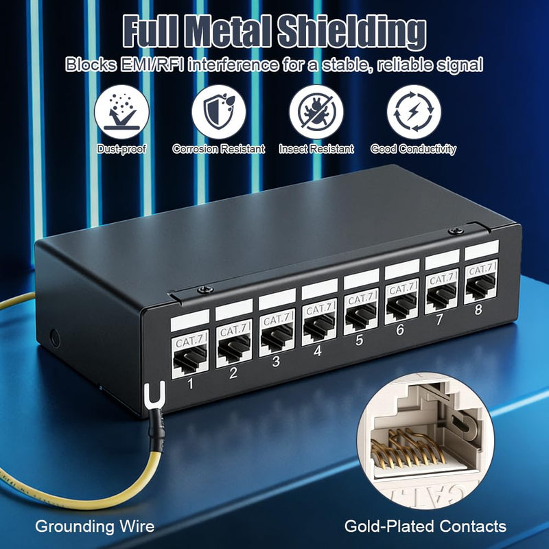 AXFEE CAT 7 Patch Panel, 4-Port Patch Panel Distribution Panel with 4 Jack | 10 Gbps patch panel set with RJ45 keystone, patch panel compatible with CAT6 CAT6a CAT7 installation cable network cable 4 Port + 4 x RJ45 Keystone