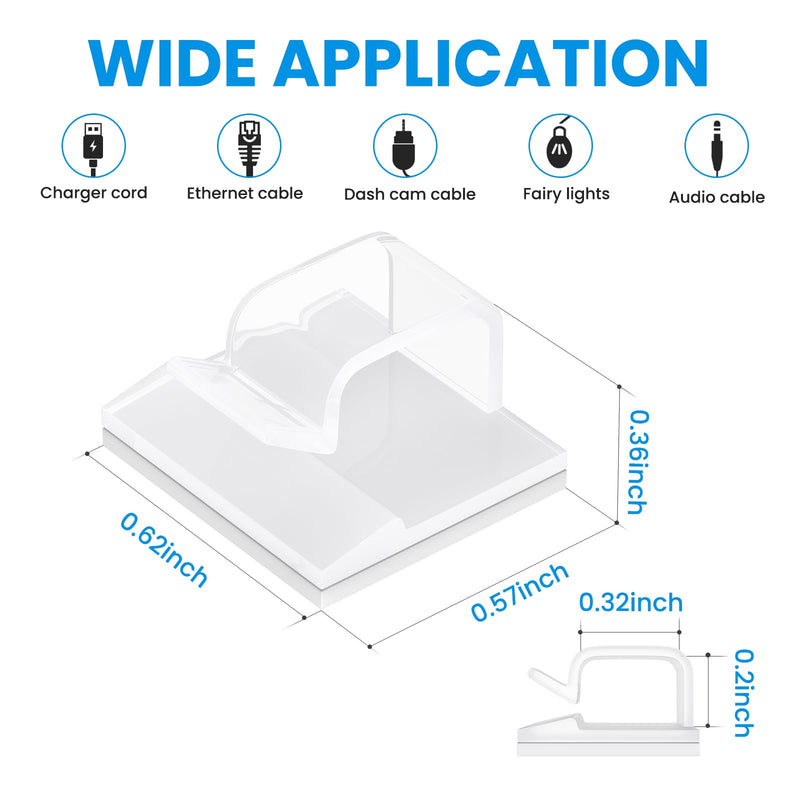 60 Pcs Small Clear Adhesive Cable Clips for Cord Management Under Desk Nightstand Phone PC Charger Plug Speaker Cord Holder Keeper Hook Wall Wire Organizer Car Dash Cam Ethernet Christmas Light