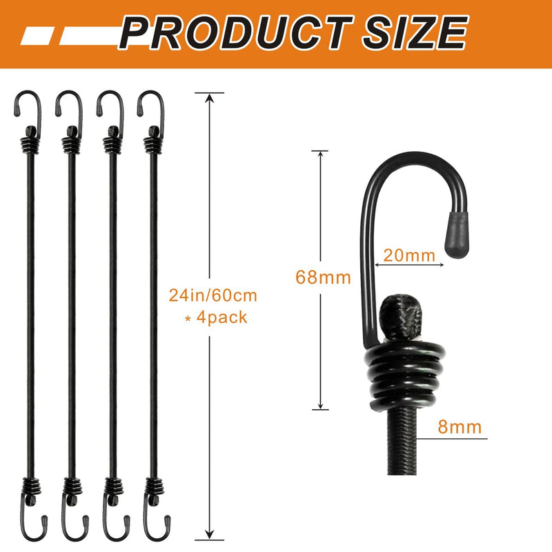 Bungee Cords with Hooks, Heavy Duty Outdoor Elastic Bungee Straps，No Odour Industrial Grade Bungee Rope for Securing Tarps, Luggage, Tents, Bikes or Garden Tidying 24inch 4Pcs (Black) 24inch x 4pcs