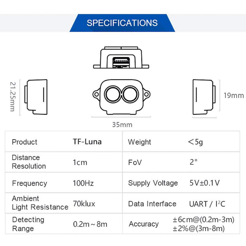 Stemedu Benewake TF-Luna LiDAR Module Radar Distance Meter Sensor Single Point Micro Ranging Module measurement for Arduino Pixhawk pedestrian vehicle detection, UART IIC 0.2 m ~ 8 m