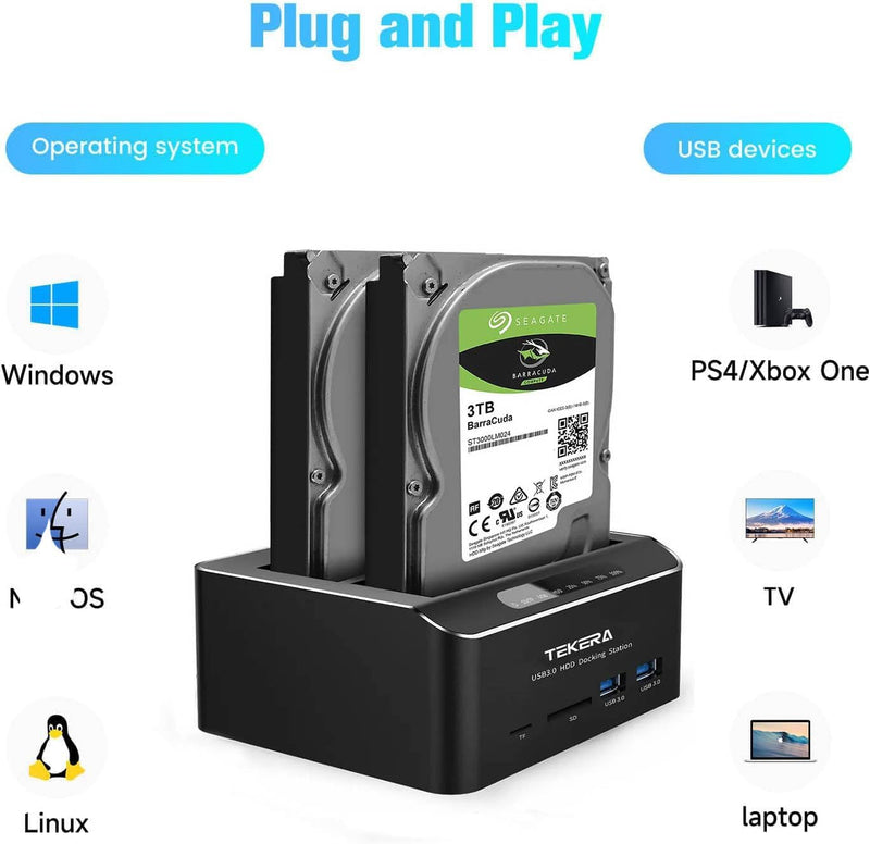 ikuai SATA to USB 3.0 Dual Bay Hard Drive Dock for 2.5" and 3.5" SATA HDD SSD with SD TF Card Reader 2 USB 3.0 Ports and Offline Clone Function External Hard Drive Docking Station (UASP Supported)