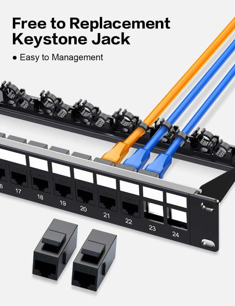 24 Port Patch Panel Cat6 Keystone Patch Panel UTP 1U Network Patch Panel with Smart Cable(No Cable Tie Required) Management for 19inch Rackmount 24Port Cat6 Keystone Patch Panel