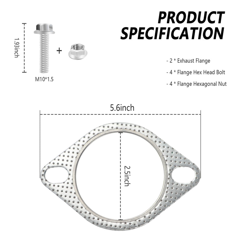 2PCS Exhaust Flange Gasket + 4PCS Exhaust Bolts,2.5" 2-Bolt Catalytic Converter Gasket Replaces OEM#120-06310-0002,Car Accessories Exhaust Flange Repair Kit for Cars,Trucks (2.5in) 2.5in