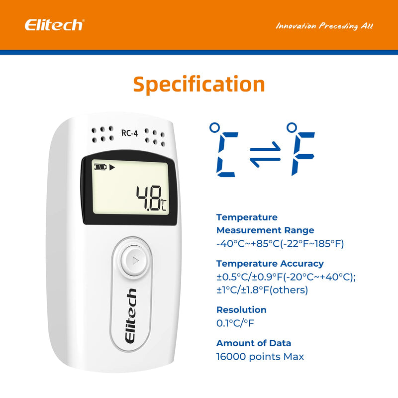 Elitech RC-4 Temperature Data Logger Recorder with External Temperature Sensor, LCD Displays Temperature Data Logger 16000 Data Capacity RC-4 (White)