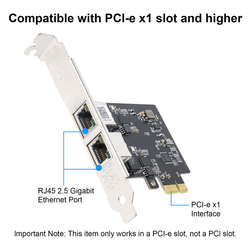 2.5Gbase-T PCIE NIC with Realtek RTL8125 Chip, Dual RJ45 Port 2500/1000/100 Mbps Network Adapter, PCIe X1,Ethernet Card for Windows/Windows Server/Linux RTL8125B (2 x RJ45)