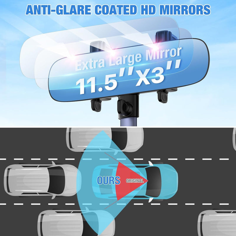 WinDu Rear View Mirror Phone Holder, 2025 Blue HD Panoramic 11.8'' Rearview Mirror with 360° Adjustable Phone Holder for Car SUV Trucks, 2 in 1 Cell Phone Car Mount for iPhone Android All Smartphone