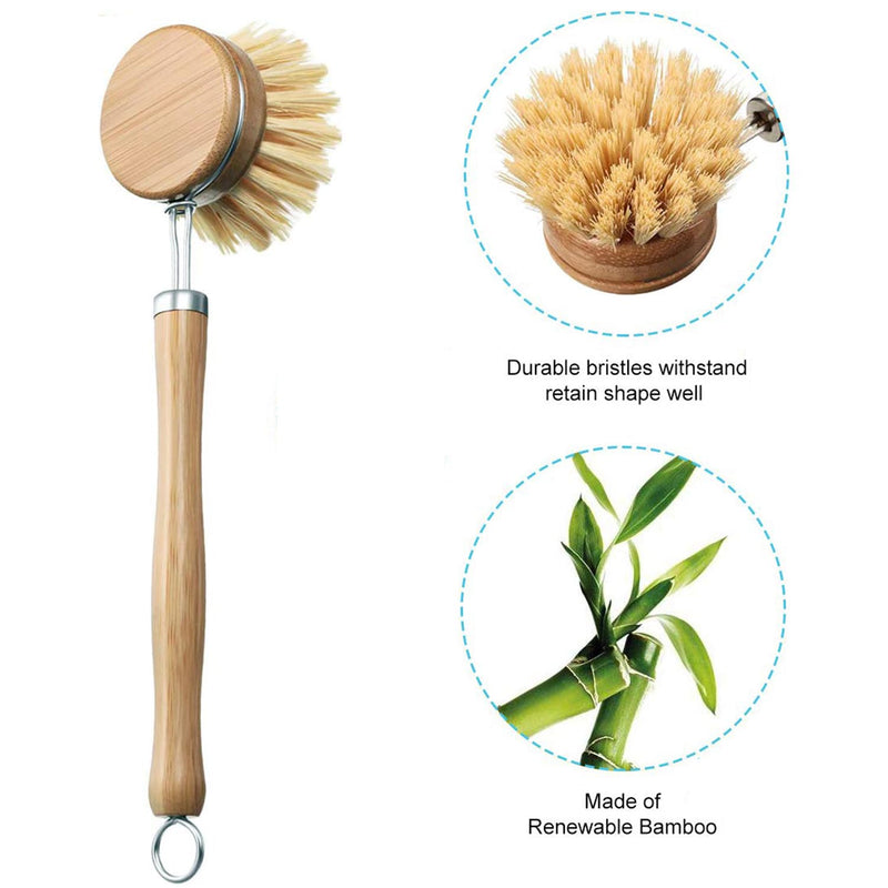 Dish Brush with Wooden Handle, Bamboo Kitchen Cleaning Brush, Natural Dish Scrub Brush for Vegetable, Pots and Pans, Scrubber,Includes 5 Replacement Brush Heads (5Pcs)