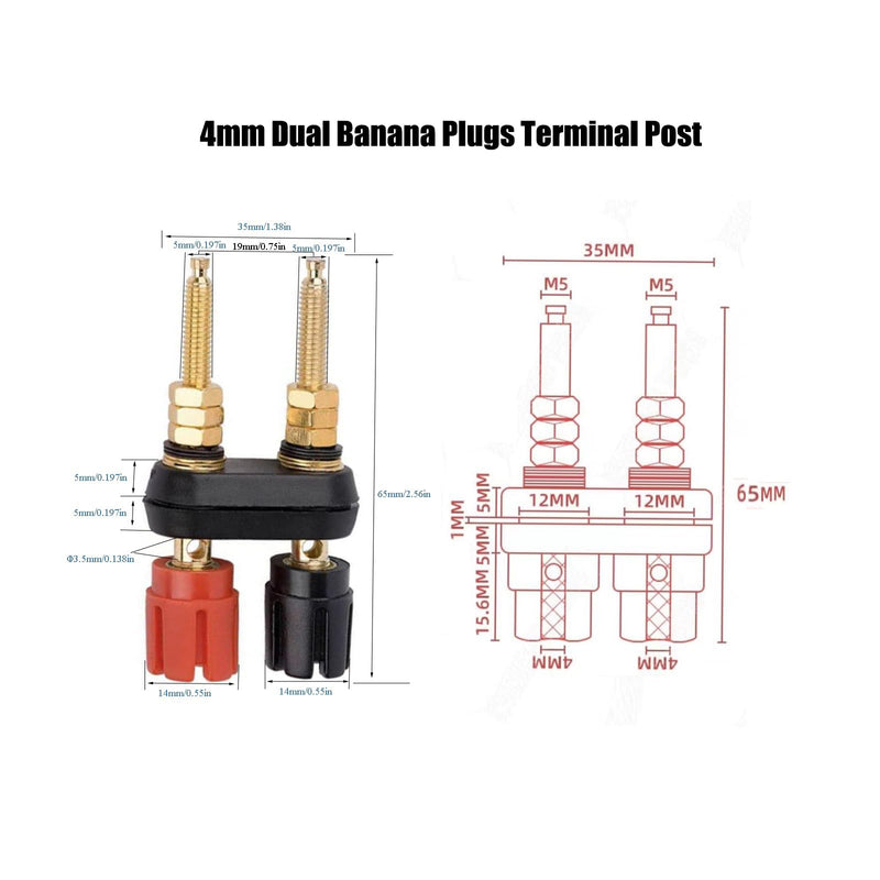 4Pcs Banana Jack Plugs Brass Long Threaded Binding Post Speaker Connectors Terminal 2 Way Dual 4mm Banana Plug Female Sockets for Speakers or Amplifiers