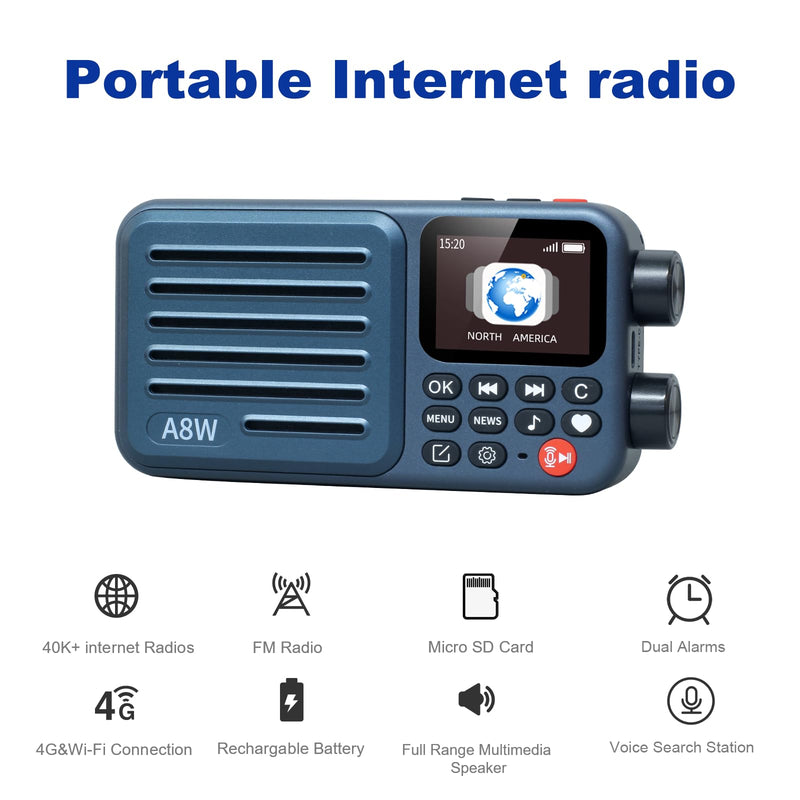 A8W Portable Smart Internet Radio Receiver WIFI/4G Radio Speaker with FM,Micro-SD Card,All World Radios,for Home with WiFi,Digital Radio,choyoung