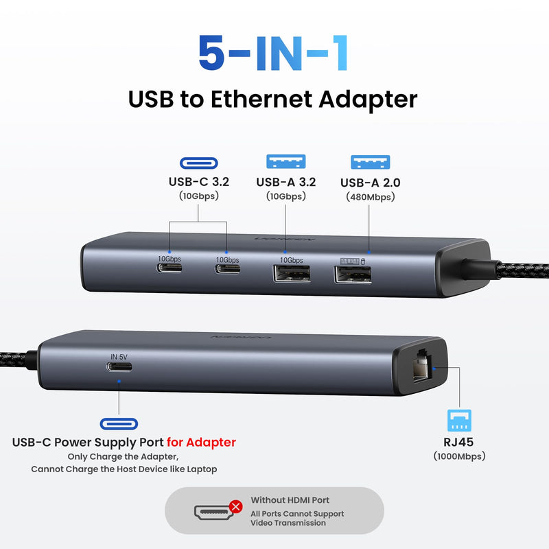 UGREEN USB to Ethernet Adapter, 5 in 1 USB Hub with Ethernet with 2* USB-C 3.2 (10Gbps) + 1*USB-A 3.2/1*USB-A 2.0/Gigabit RJ45, Network LAN Internet Dongle Compatible for Laptop, MacBook Pro/Air, XPS