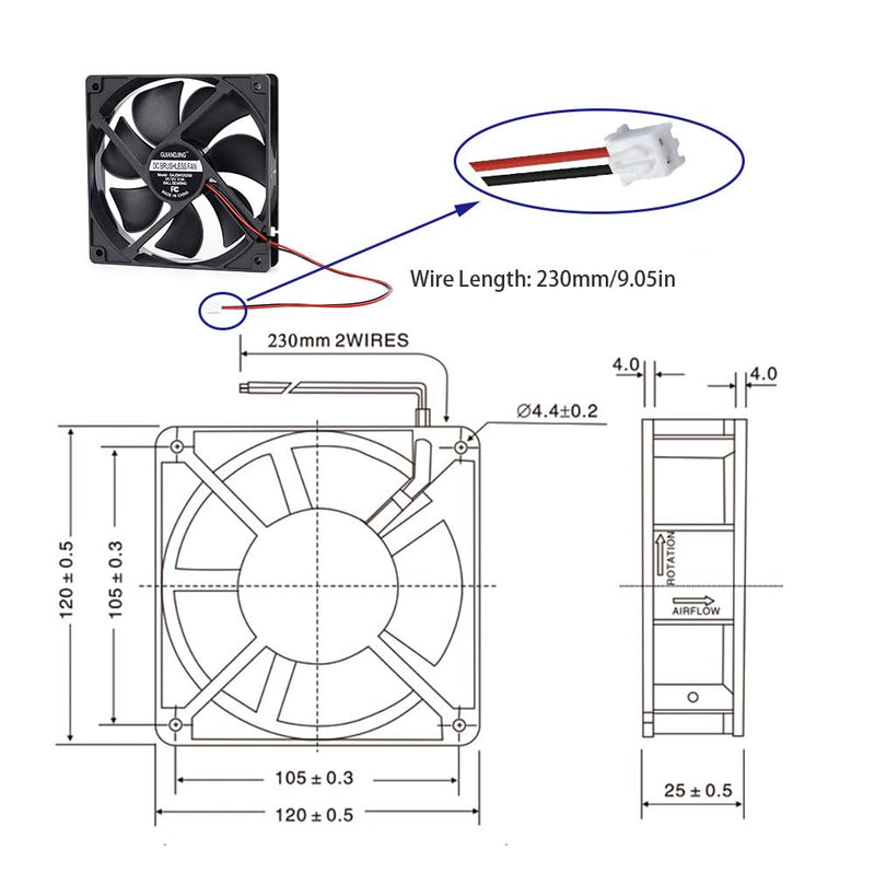 12025 Cooling Fan 120x120x25mm DC 12V Exhaust Fan 2Pcs Dual Ball Bearings Brushless 2Pin XH2.54 2700RPM