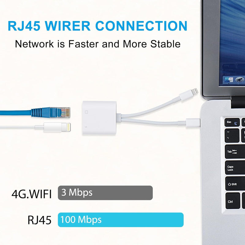 Lightning and USB C to Ethernet Adapter,2 in 1 RJ45 Ethernet LAN Network Adapter with Charge Port Compatible with iPhone/iPad/iPod/Samsung and More,Supports 100Mbps Plug and Play USB-C + Lightning