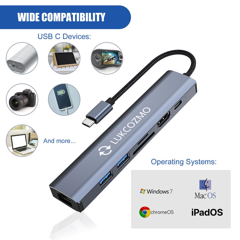 USB Hub 3.0, 7 in 1 USB Hub with 1000M Ethernet, 4K HDMI, 2 USB3.0, 100W PD, SD/TF Card Reader Docking Station Compatible with Your Cell Phone MacBook/Dell/HP/Surface/Lenovo/Steam Deck Dark gray